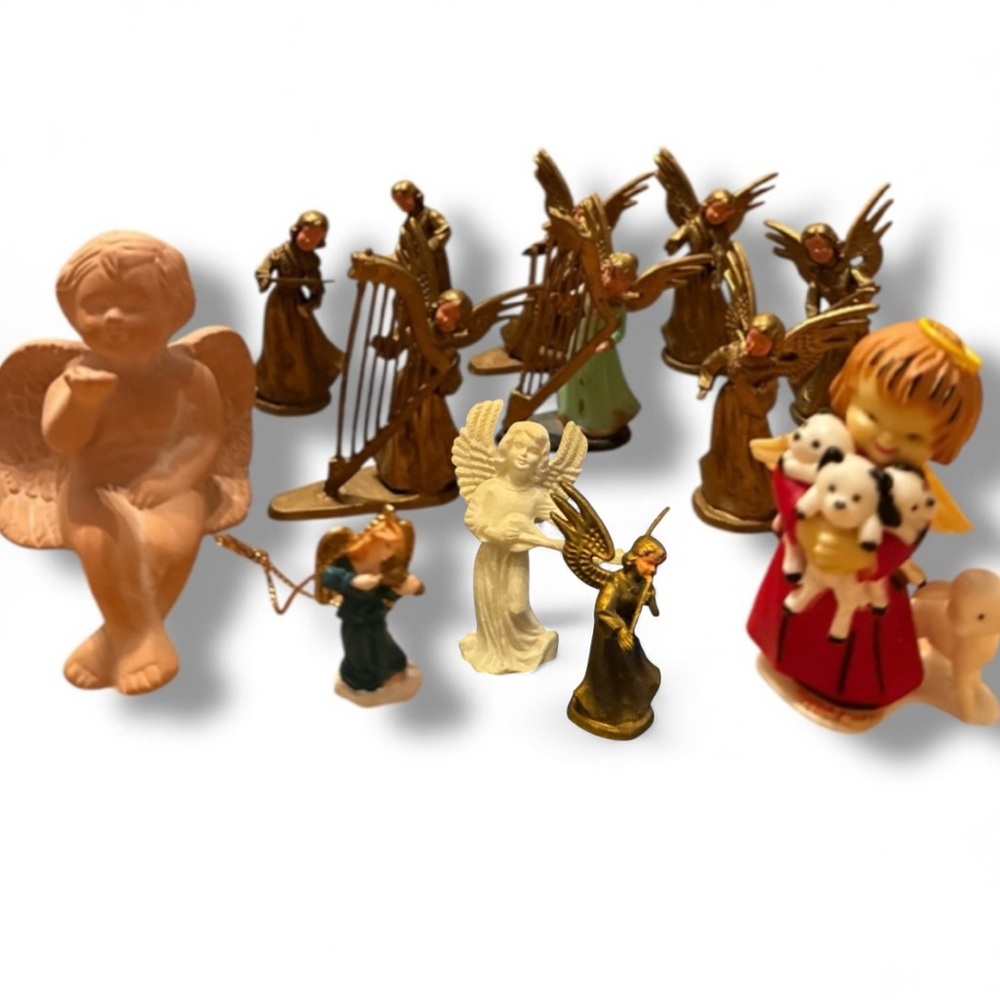 Vintage 50s 60s Angel Figurines Set Holiday Decor Miniature Gold Red 13 Pieces